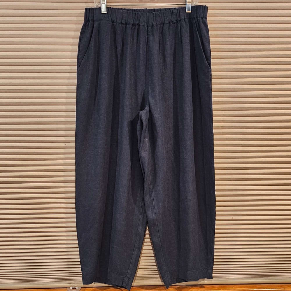 Poetry Navy Blue 100% Linen Wide Leg Cropped Trousers Pants US 12 Elastic Waist
